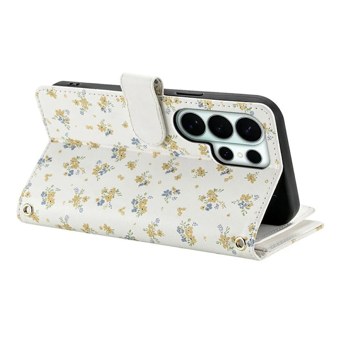 For Samsung Galaxy S26 Ultra Leather Case with Wrist Strap  /  Shoulder Strap Rhombic Floral Pattern Zipper Wallet Phone Cover - A5 - 5
