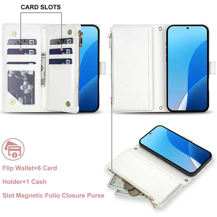 For Samsung Galaxy S26 Ultra Leather Case with Wrist Strap  /  Shoulder Strap Rhombic Floral Pattern Zipper Wallet Phone Cover - A5 - 6