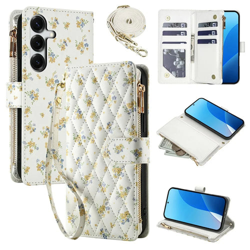 For Samsung Galaxy S26+ Leather Case with Wrist Strap  /  Shoulder Strap Rhombic Floral Pattern Zipper Wallet Phone Cover - A5 - 1