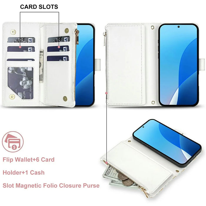 For Samsung Galaxy S26+ Leather Case with Wrist Strap  /  Shoulder Strap Rhombic Floral Pattern Zipper Wallet Phone Cover - A5 - 6