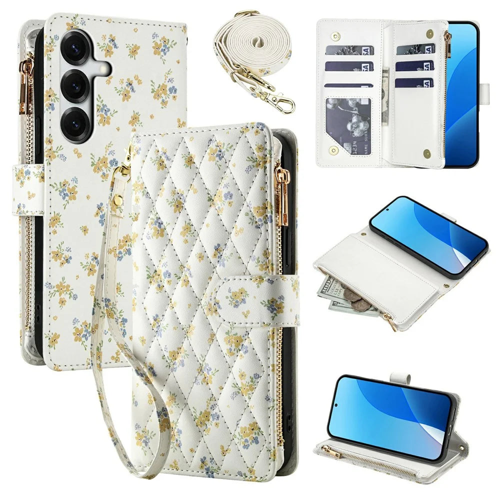 For Samsung Galaxy S26 Leather Case with Wrist Strap  /  Shoulder Strap Rhombic Floral Pattern Zipper Wallet Phone Cover - A5 - 1