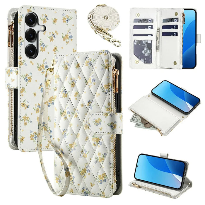 For Samsung Galaxy S26 Leather Case with Wrist Strap  /  Shoulder Strap Rhombic Floral Pattern Zipper Wallet Phone Cover - A5 - 1