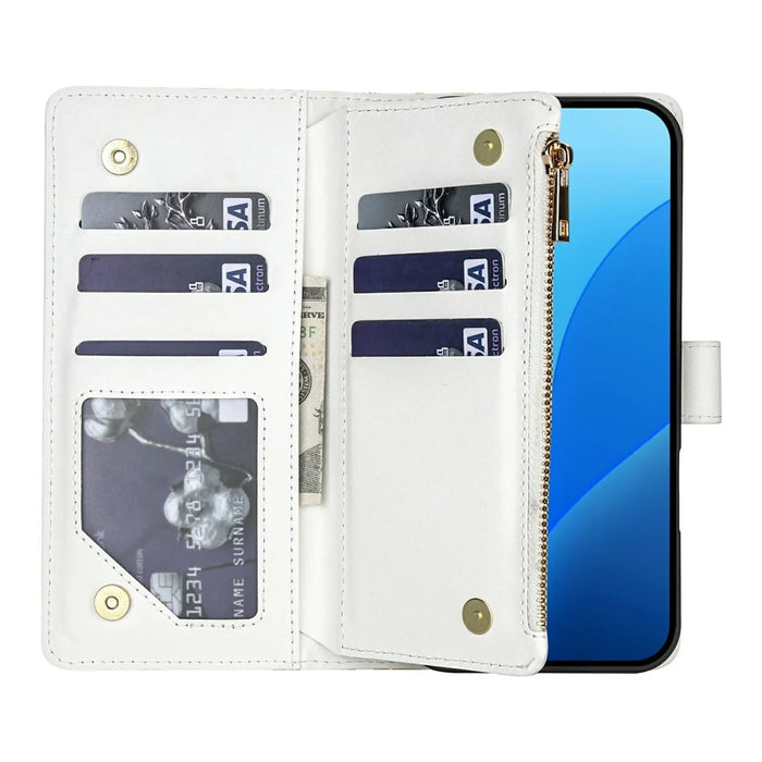 For Samsung Galaxy S26 Leather Case with Wrist Strap  /  Shoulder Strap Rhombic Floral Pattern Zipper Wallet Phone Cover - A5 - 2