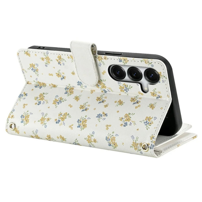 For Samsung Galaxy S26 Leather Case with Wrist Strap  /  Shoulder Strap Rhombic Floral Pattern Zipper Wallet Phone Cover - A5 - 5