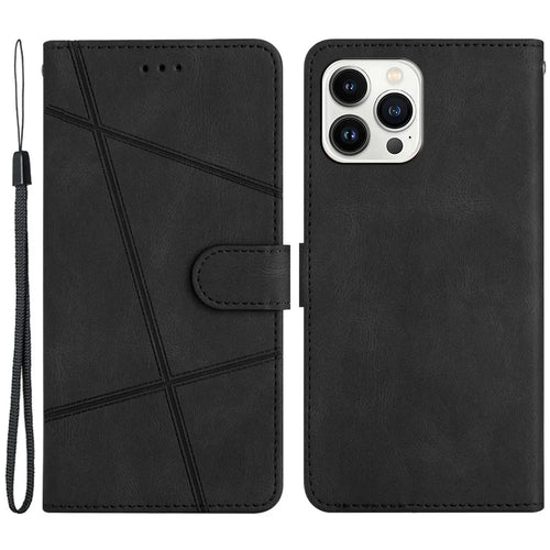 Wallet Phone Case for iPhone 13 Pro 6.1 inch Lines Imprinted Anti-Drop Stand Case Crazy Horse Texture PU Leather Cover with Strap - Black - 1