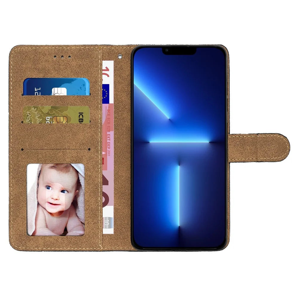 Wallet Phone Case for iPhone 13 Pro 6.1 inch Lines Imprinted Anti-Drop Stand Case Crazy Horse Texture PU Leather Cover with Strap - Black - 2