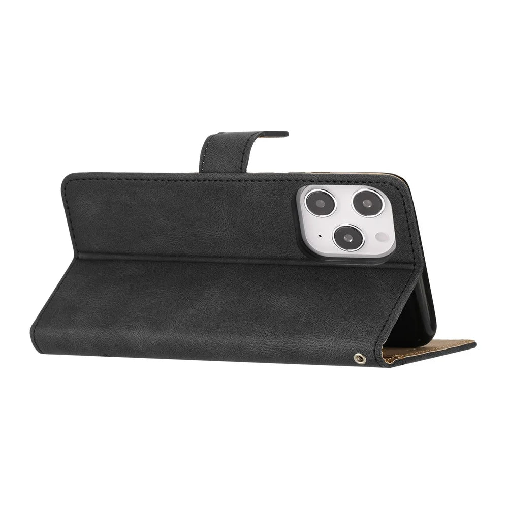 Wallet Phone Case for iPhone 13 Pro 6.1 inch Lines Imprinted Anti-Drop Stand Case Crazy Horse Texture PU Leather Cover with Strap - Black - 3