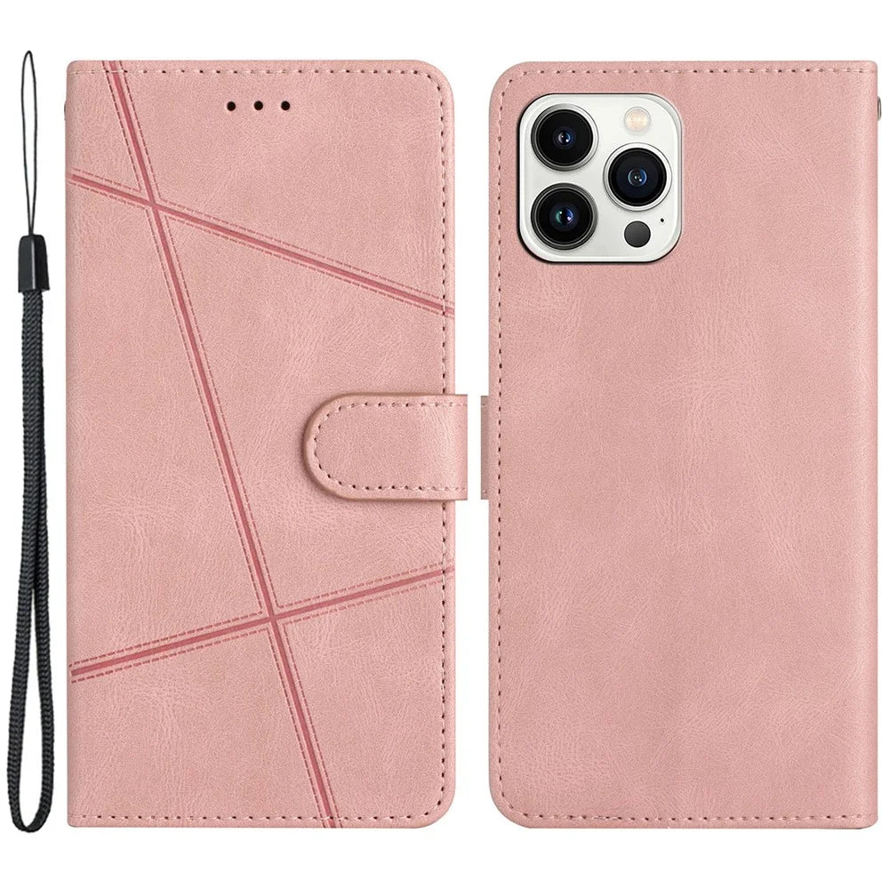 For iPhone 14 Pro Max Crazy Horse Texture PU Leather Flip Case Imprinted Lines Stand Wallet Folio Cover with Strap - Rose Gold - 1
