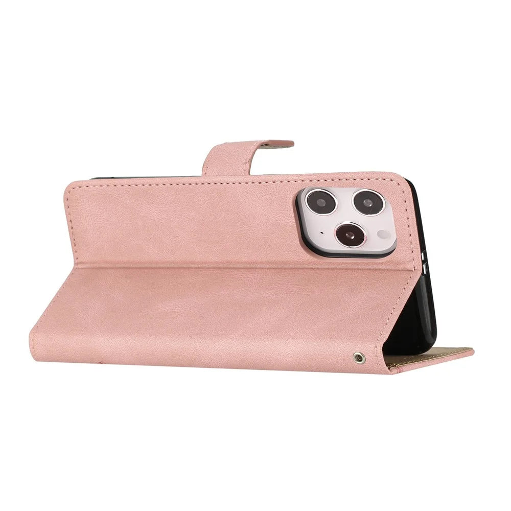 For iPhone 14 Pro Max Crazy Horse Texture PU Leather Flip Case Imprinted Lines Stand Wallet Folio Cover with Strap - Rose Gold - 3