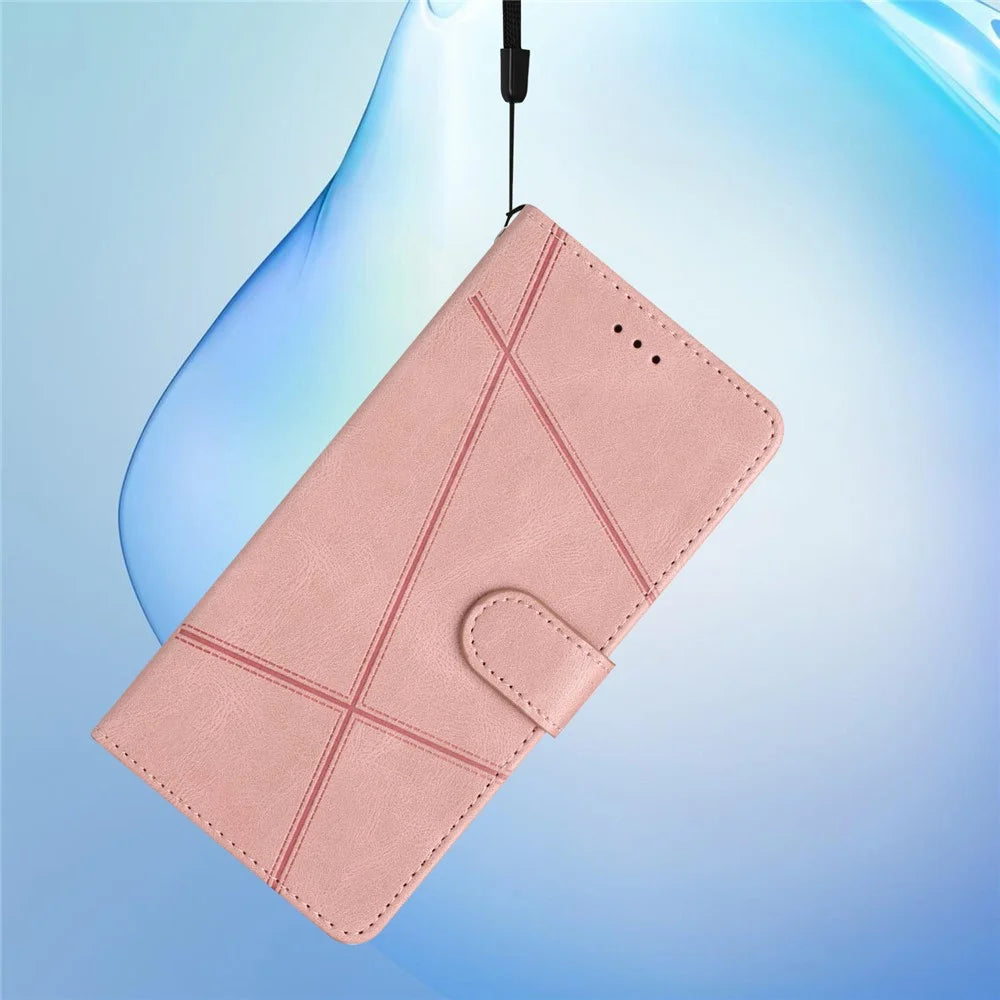 For iPhone 14 Pro Max Crazy Horse Texture PU Leather Flip Case Imprinted Lines Stand Wallet Folio Cover with Strap - Rose Gold - 7