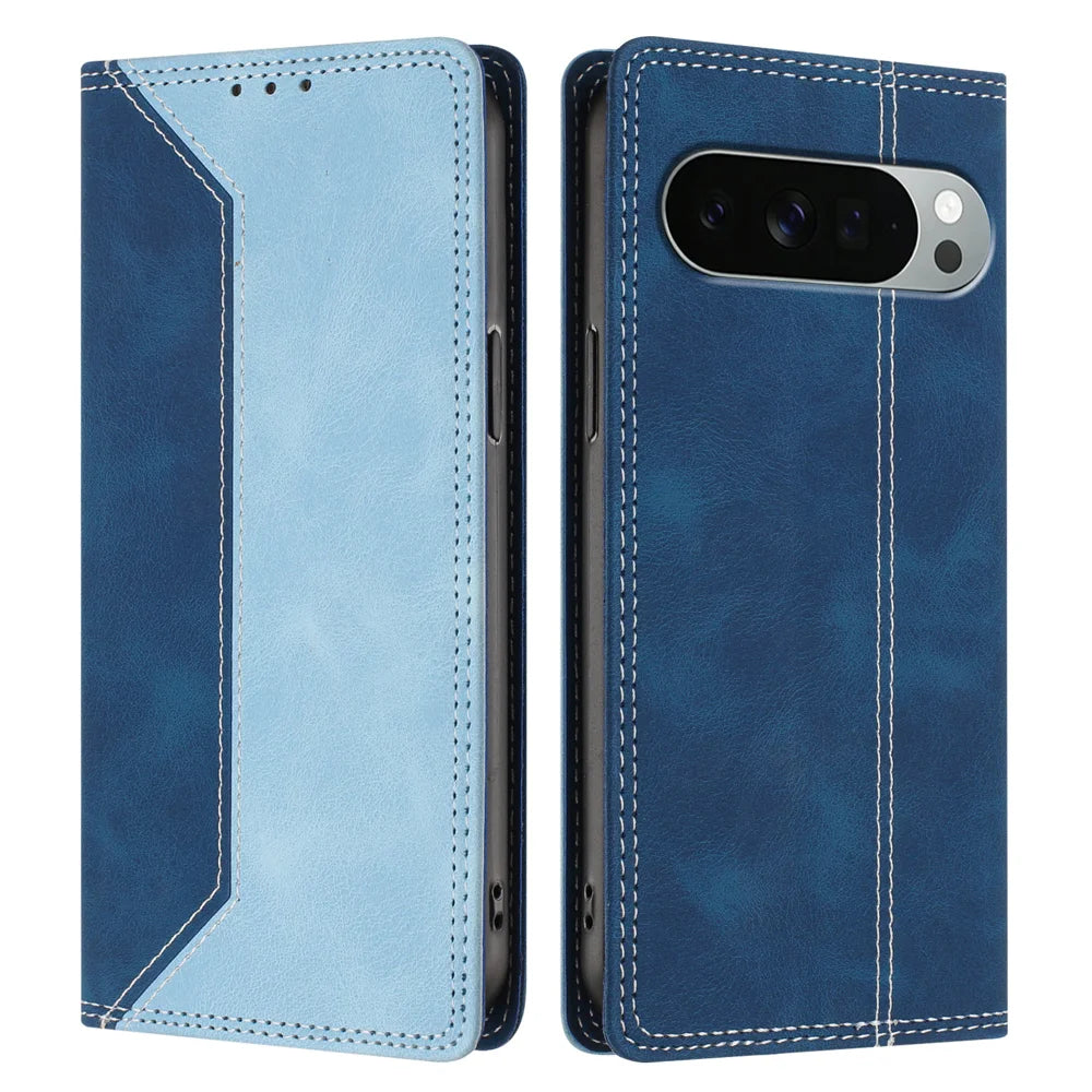For Google Pixel 11 Pro XL Leather Case Skin Touch Color Splicing RFID Blocking Wallet Stand Phone Cover - Dark Blue / Blue - 1