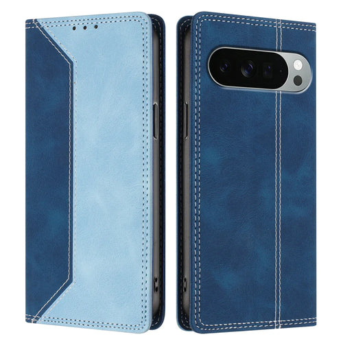 For Google Pixel 11 Pro XL Leather Case Skin Touch Color Splicing RFID Blocking Wallet Stand Phone Cover - Dark Blue / Blue - 1