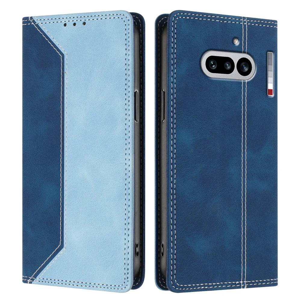 For Nothing Phone (4a) Leather Case Skin Touch Color Splicing RFID Blocking Wallet Stand Phone Cover - Dark Blue / Blue - 1
