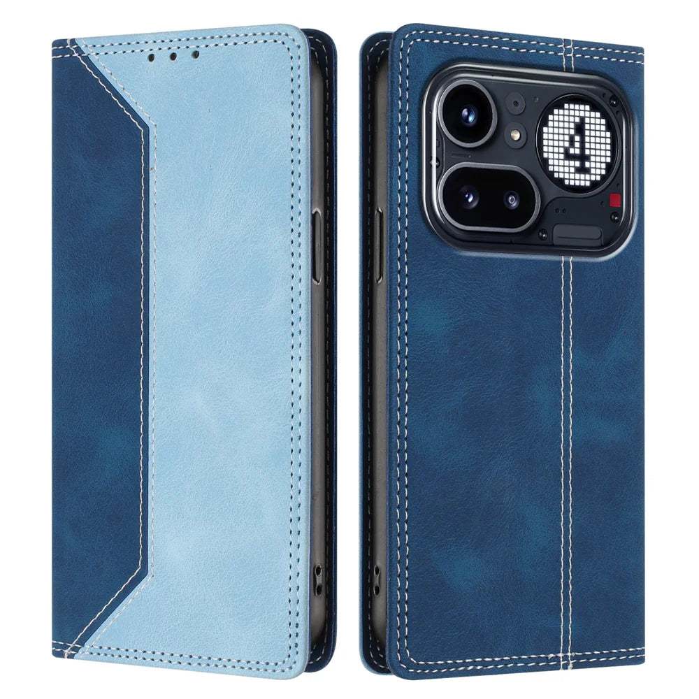For Nothing Phone (4a) Pro Leather Case Skin Touch Color Splicing RFID Blocking Wallet Stand Phone Cover - Dark Blue / Blue - 1