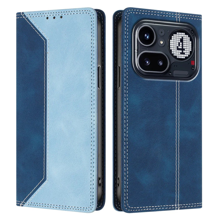 For Nothing Phone (4a) Pro Leather Case Skin Touch Color Splicing RFID Blocking Wallet Stand Phone Cover - Dark Blue / Blue - 1