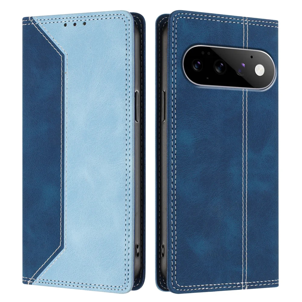 For Google Pixel 11 Pro / Pixel 11 Leather Case Skin Touch Color Splicing RFID Blocking Wallet Stand Phone Cover - Dark Blue / Blue - 1