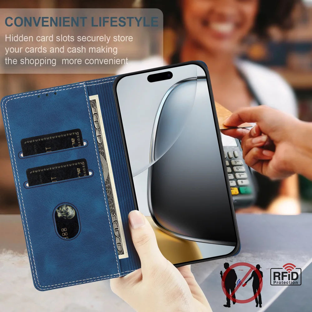 For Google Pixel 11 Pro / Pixel 11 Leather Case Skin Touch Color Splicing RFID Blocking Wallet Stand Phone Cover - Dark Blue / Blue - 4