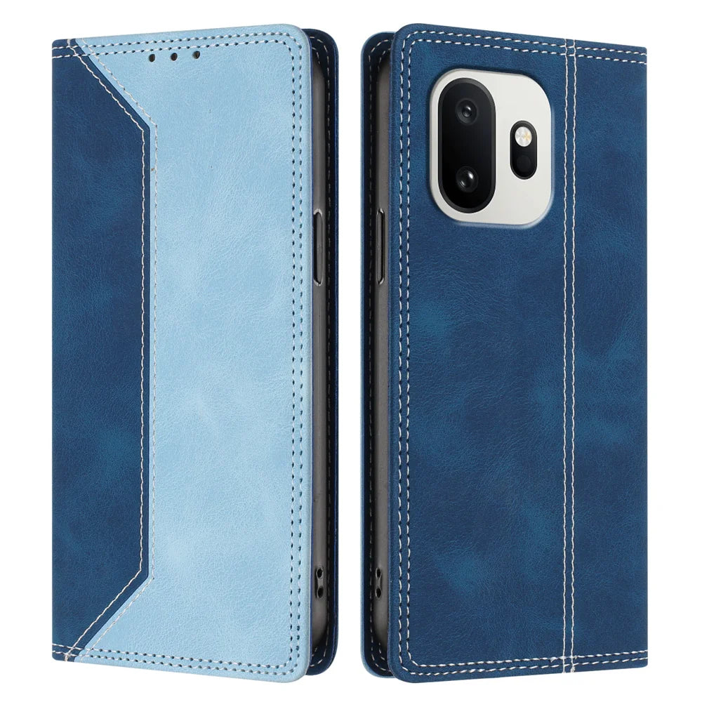 For OnePlus 15T 5G Leather Case Skin Touch Color Splicing RFID Blocking Wallet Stand Phone Cover - Dark Blue / Blue - 1