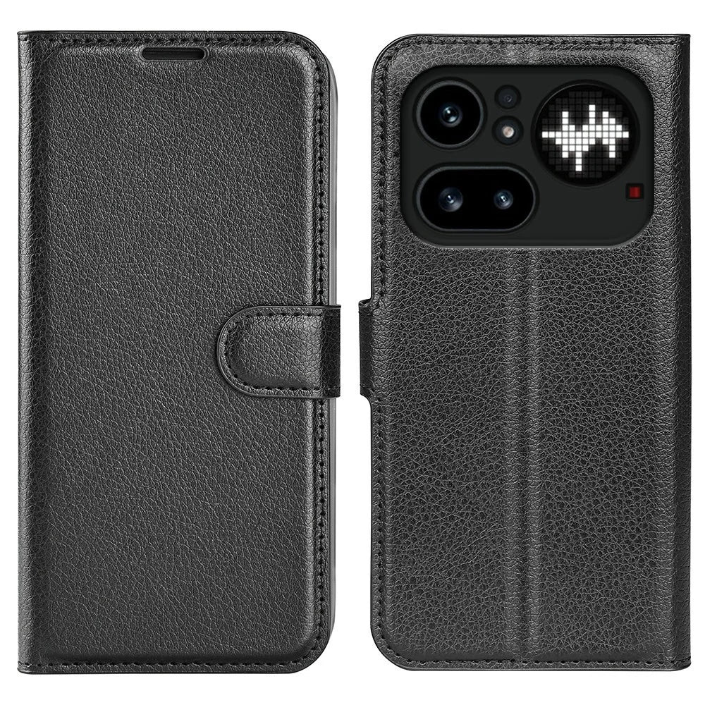 AMORUS For Nothing Phone (4a) Pro Wallet Case Litchi Texture Shockproof Leather Flip Stand Phone Cover - Black - 1