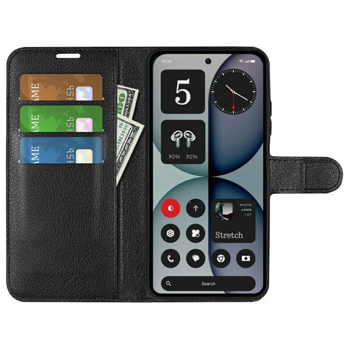 AMORUS For Nothing Phone (4a) Pro Wallet Case Litchi Texture Shockproof Leather Flip Stand Phone Cover - Black - 2