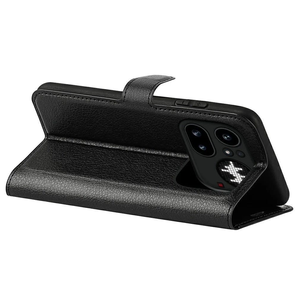 AMORUS For Nothing Phone (4a) Pro Wallet Case Litchi Texture Shockproof Leather Flip Stand Phone Cover - Black - 3