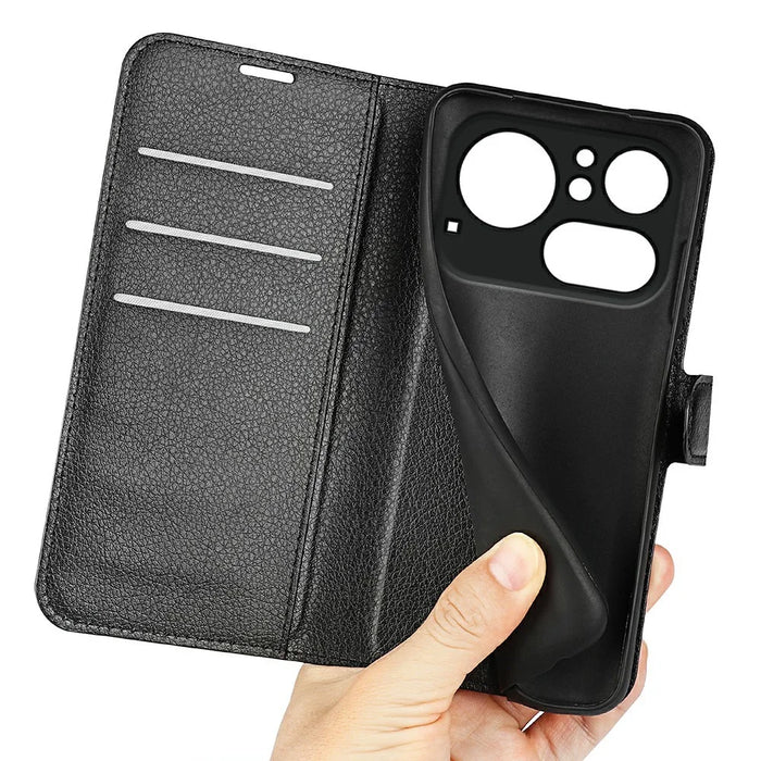 AMORUS For Nothing Phone (4a) Pro Wallet Case Litchi Texture Shockproof Leather Flip Stand Phone Cover - Black - 4