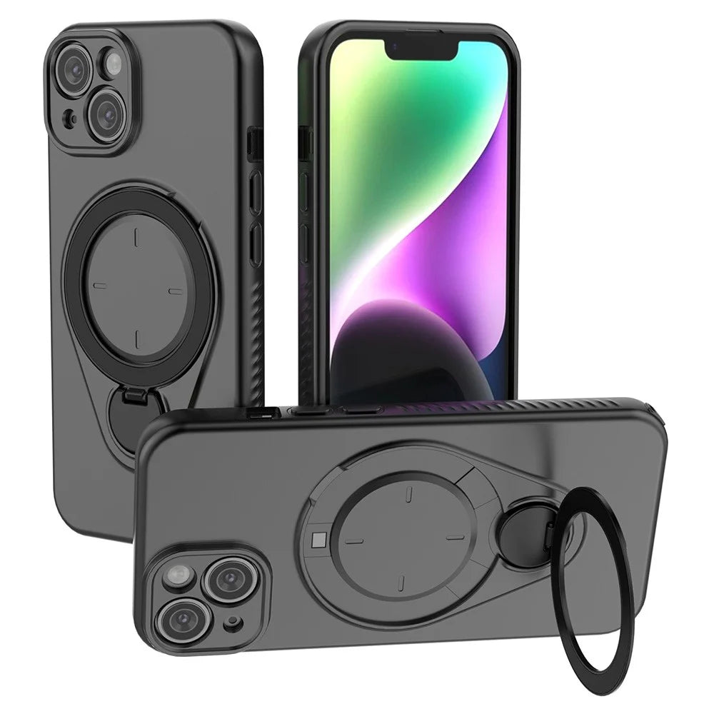For iPhone 14 Magnetic Case Rotating Kickstand TPU PC Phone Cover - Black - 1