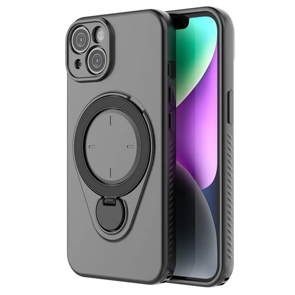 For iPhone 14 Magnetic Case Rotating Kickstand TPU PC Phone Cover - Black - 2