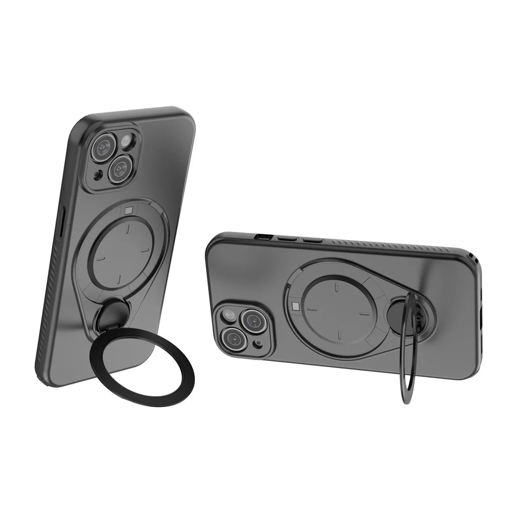 For iPhone 14 Magnetic Case Rotating Kickstand TPU PC Phone Cover - Black - 3