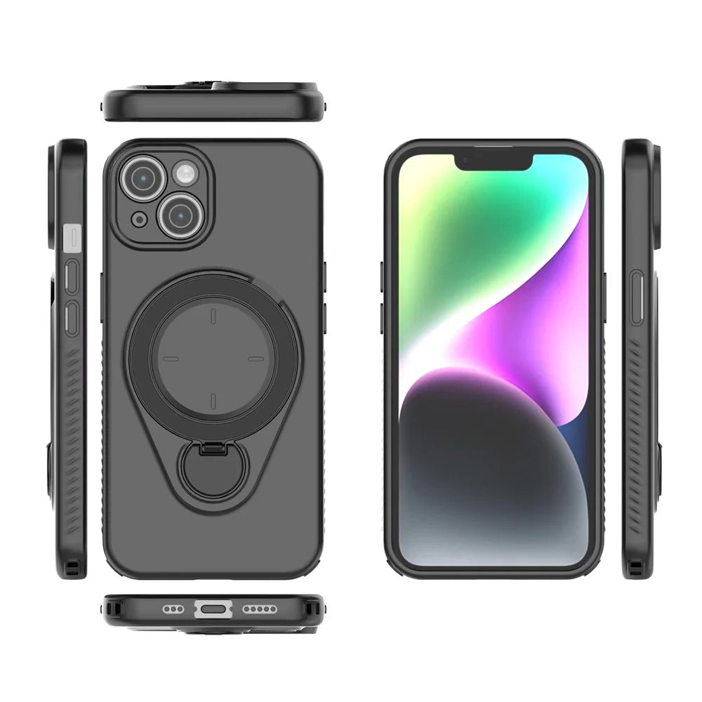 For iPhone 14 Magnetic Case Rotating Kickstand TPU PC Phone Cover - Black - 4