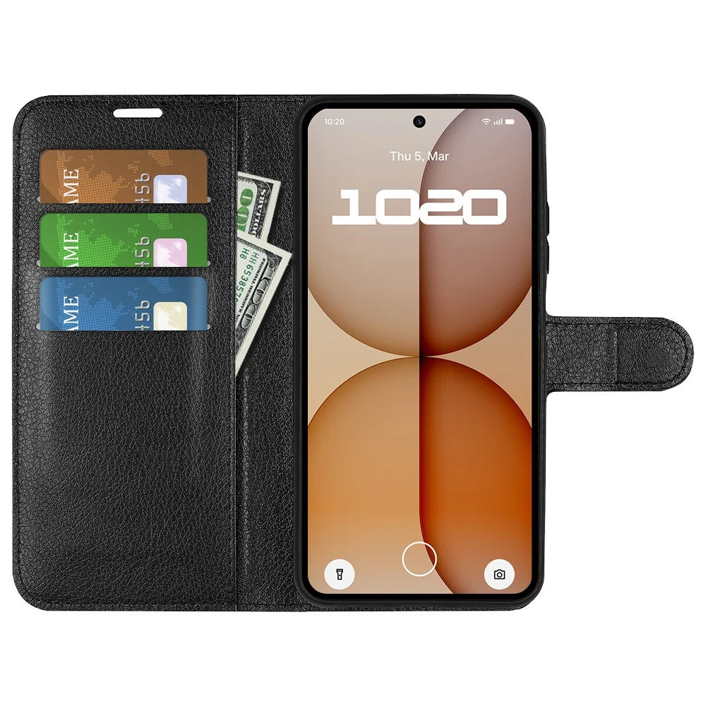 AMORUS For Nothing Phone (4a) Wallet Case Litchi Texture Shockproof Leather Flip Stand Phone Cover - Black - 2