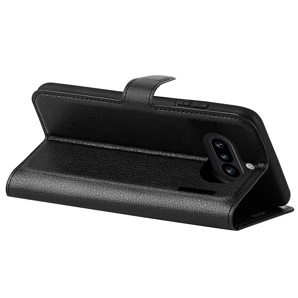 AMORUS For Nothing Phone (4a) Wallet Case Litchi Texture Shockproof Leather Flip Stand Phone Cover - Black - 3