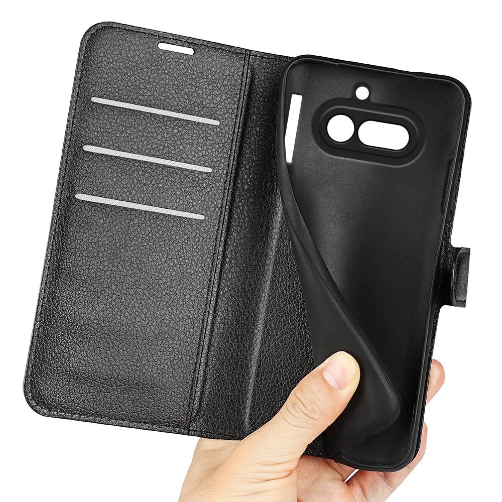 AMORUS For Nothing Phone (4a) Wallet Case Litchi Texture Shockproof Leather Flip Stand Phone Cover - Black - 4