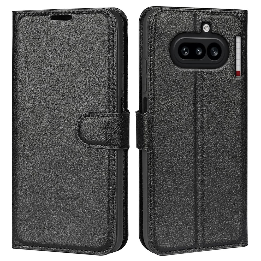 AMORUS For Nothing Phone (4a) Wallet Case Litchi Texture Shockproof Leather Flip Stand Phone Cover - Black - 6