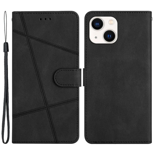 For iPhone 13 6.1 inch Phone Cover Imprinted Line Decor Wallet Crazy Horse Texture Stand Leather Phone Case with Strap - Black - 1