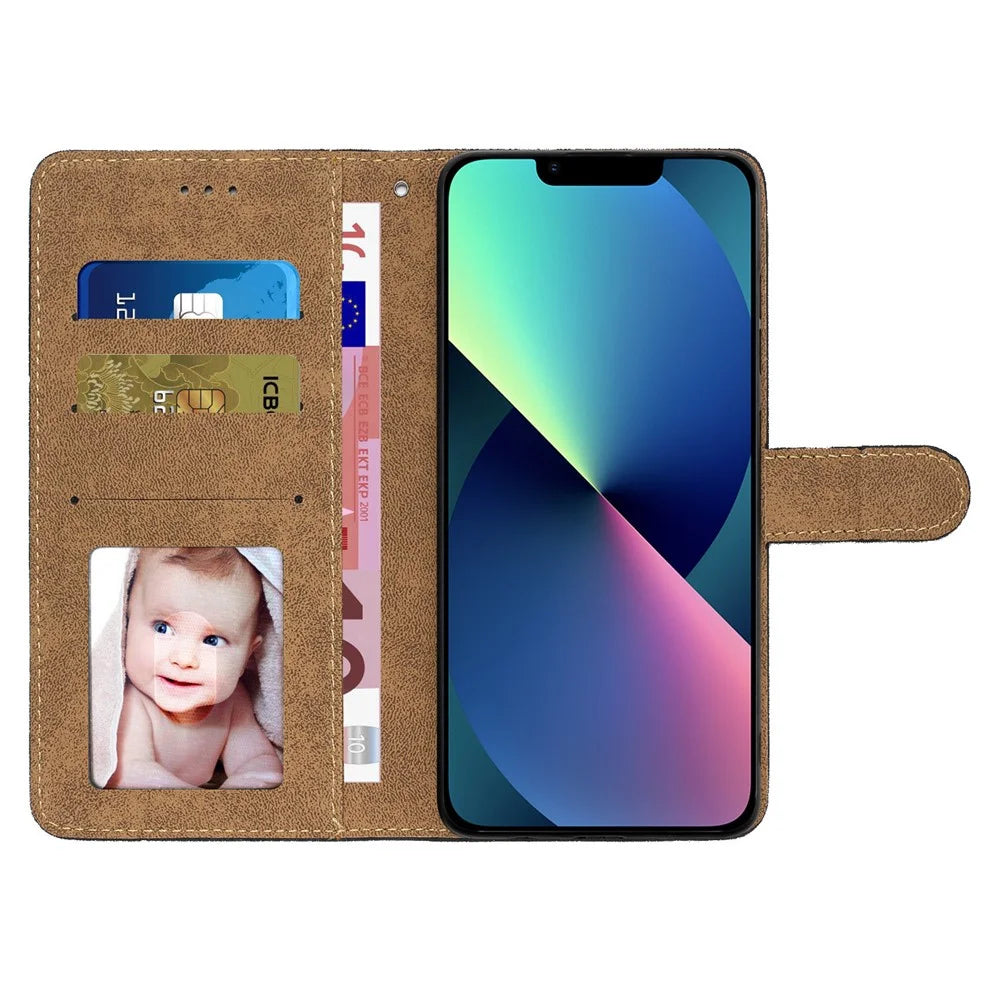 For iPhone 13 6.1 inch Phone Cover Imprinted Line Decor Wallet Crazy Horse Texture Stand Leather Phone Case with Strap - Black - 2