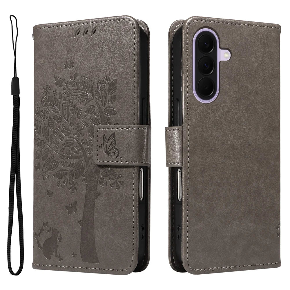 For Samsung Galaxy A27 5G Phone Case with Stand Cat Tree Pattern Leather Wallet Mobile Cover - Grey - 1