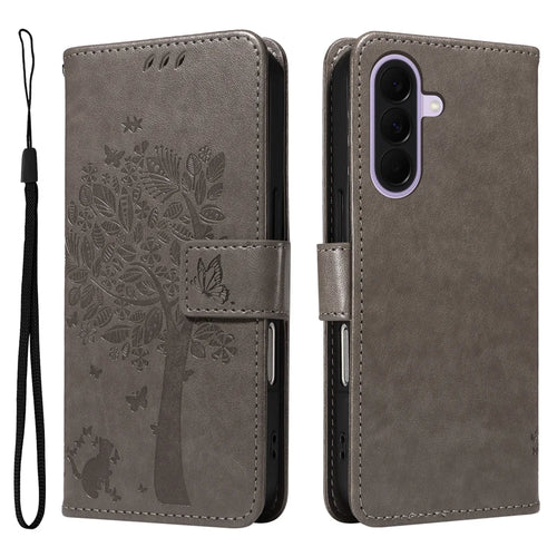 For Samsung Galaxy A27 5G Phone Case with Stand Cat Tree Pattern Leather Wallet Mobile Cover - Grey - 1