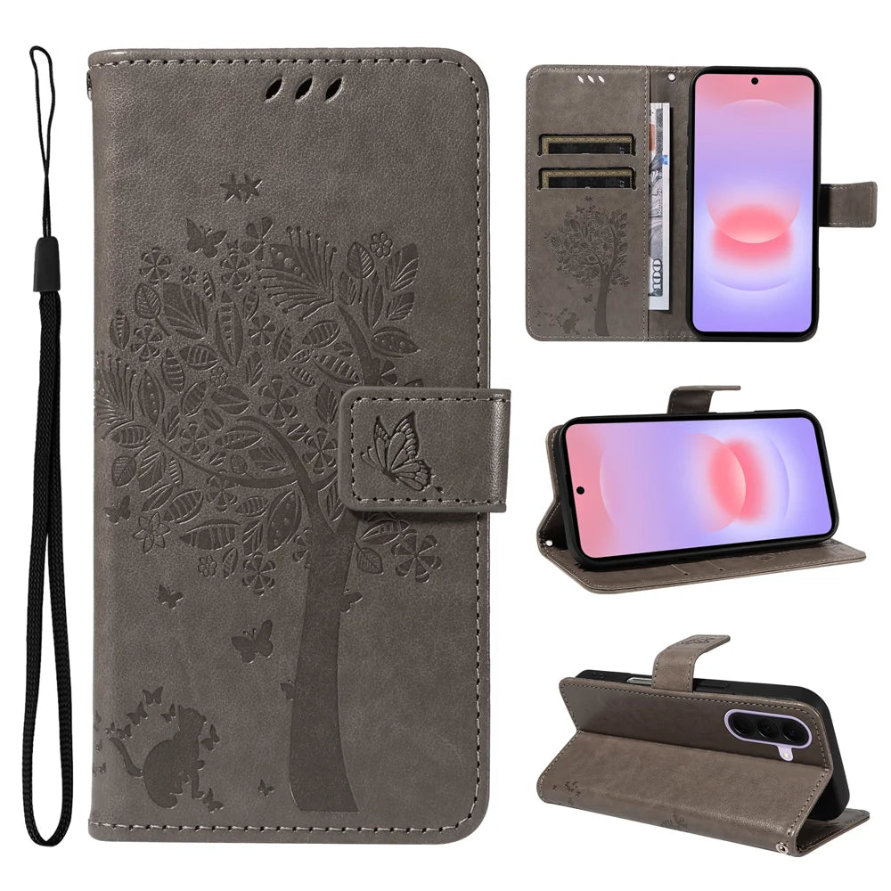 For Samsung Galaxy A27 5G Phone Case with Stand Cat Tree Pattern Leather Wallet Mobile Cover - Grey - 2