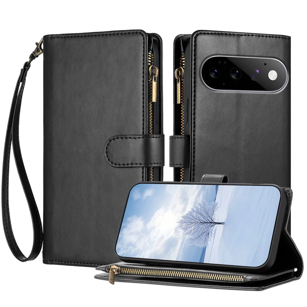 For Google Pixel 11 Pro / Pixel 11 Leather Case Zipper Wallet Stand Shockproof Phone Cover with Wrist Strap - Black - 1