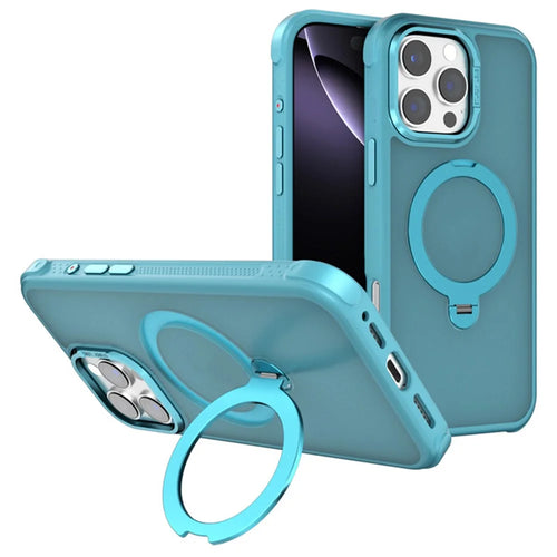 For iPhone 16 Pro Max Semi-transparent Frosted Back Cover Skin-friendly TPU PC Case with 360° Magnetic Rotating Kickstand - Lake Blue - 1