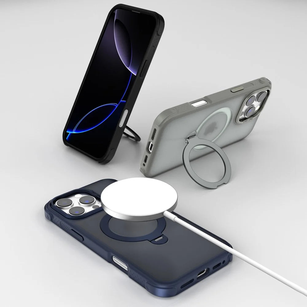 For iPhone 16 Pro Semi-transparent Frosted Back Cover Skin-friendly TPU PC Case with 360° Magnetic Rotating Kickstand - Lake Blue - 4