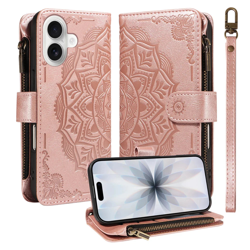 For iPhone 17 Wallet Case 9 Card Slots RFID Blocking Mandala Embossed Leather Flip Cover with Wrist Strap - Rose Gold - 1