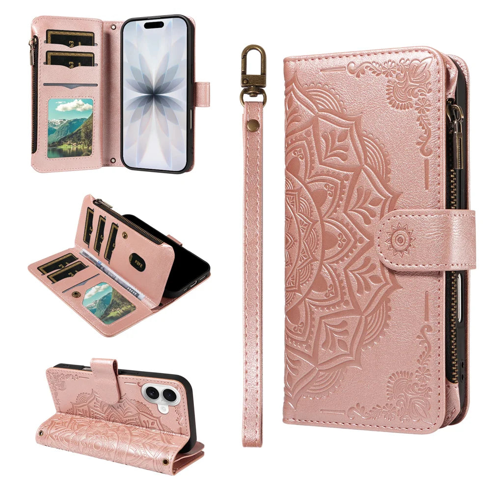 For iPhone 17 Wallet Case 9 Card Slots RFID Blocking Mandala Embossed Leather Flip Cover with Wrist Strap - Rose Gold - 2