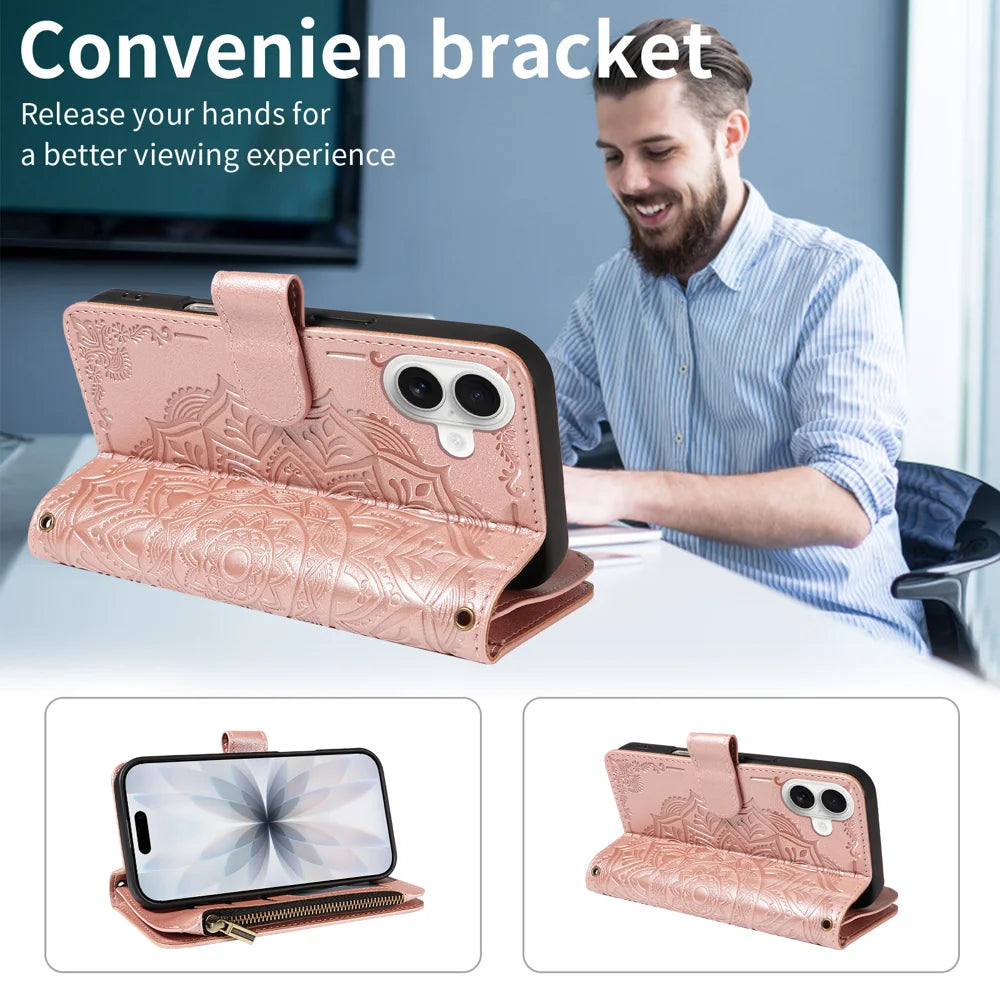 For iPhone 17 Wallet Case 9 Card Slots RFID Blocking Mandala Embossed Leather Flip Cover with Wrist Strap - Rose Gold - 3