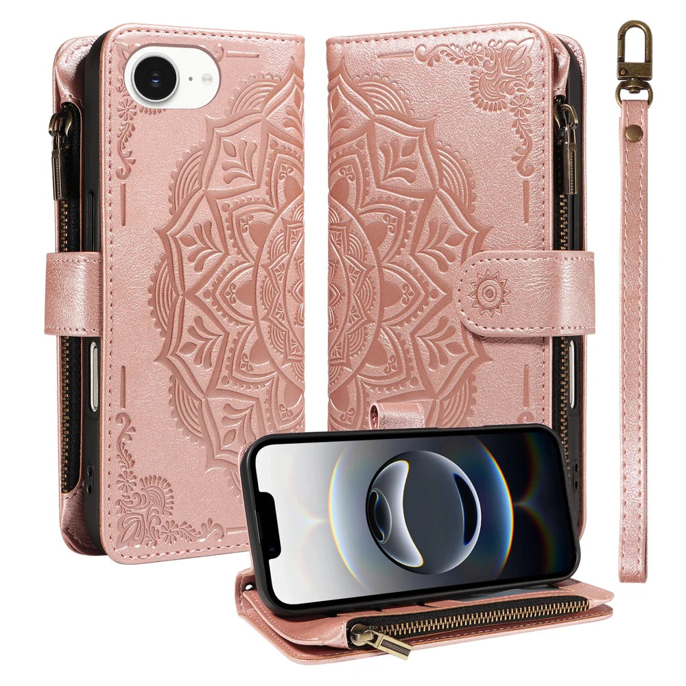 For iPhone 16e / iPhone 17e Wallet Case 9 Card Slots RFID Blocking Mandala Embossed Leather Flip Cover with Wrist Strap - Rose Gold - 1