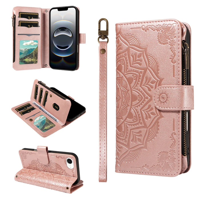 For iPhone 16e / iPhone 17e Wallet Case 9 Card Slots RFID Blocking Mandala Embossed Leather Flip Cover with Wrist Strap - Rose Gold - 2