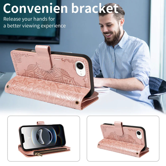 For iPhone 16e / iPhone 17e Wallet Case 9 Card Slots RFID Blocking Mandala Embossed Leather Flip Cover with Wrist Strap - Rose Gold - 3