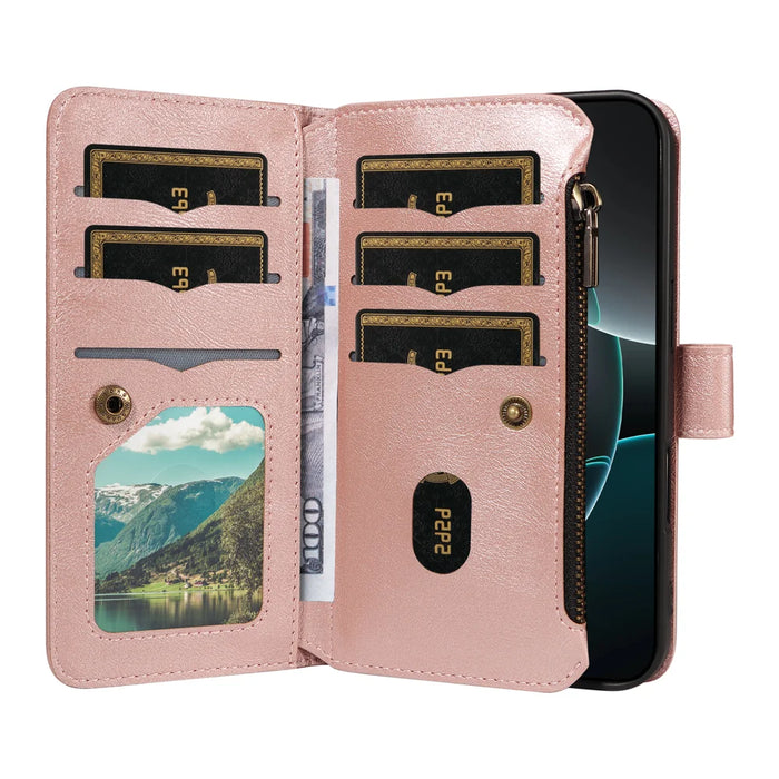 For iPhone 16e / iPhone 17e Wallet Case 9 Card Slots RFID Blocking Mandala Embossed Leather Flip Cover with Wrist Strap - Rose Gold - 6