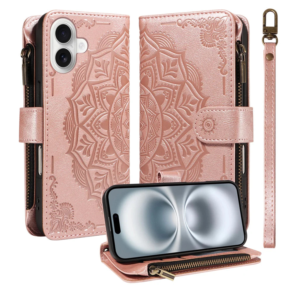 For iPhone 16 Wallet Case 9 Card Slots RFID Blocking Mandala Embossed Leather Flip Cover with Wrist Strap - Rose Gold - 1